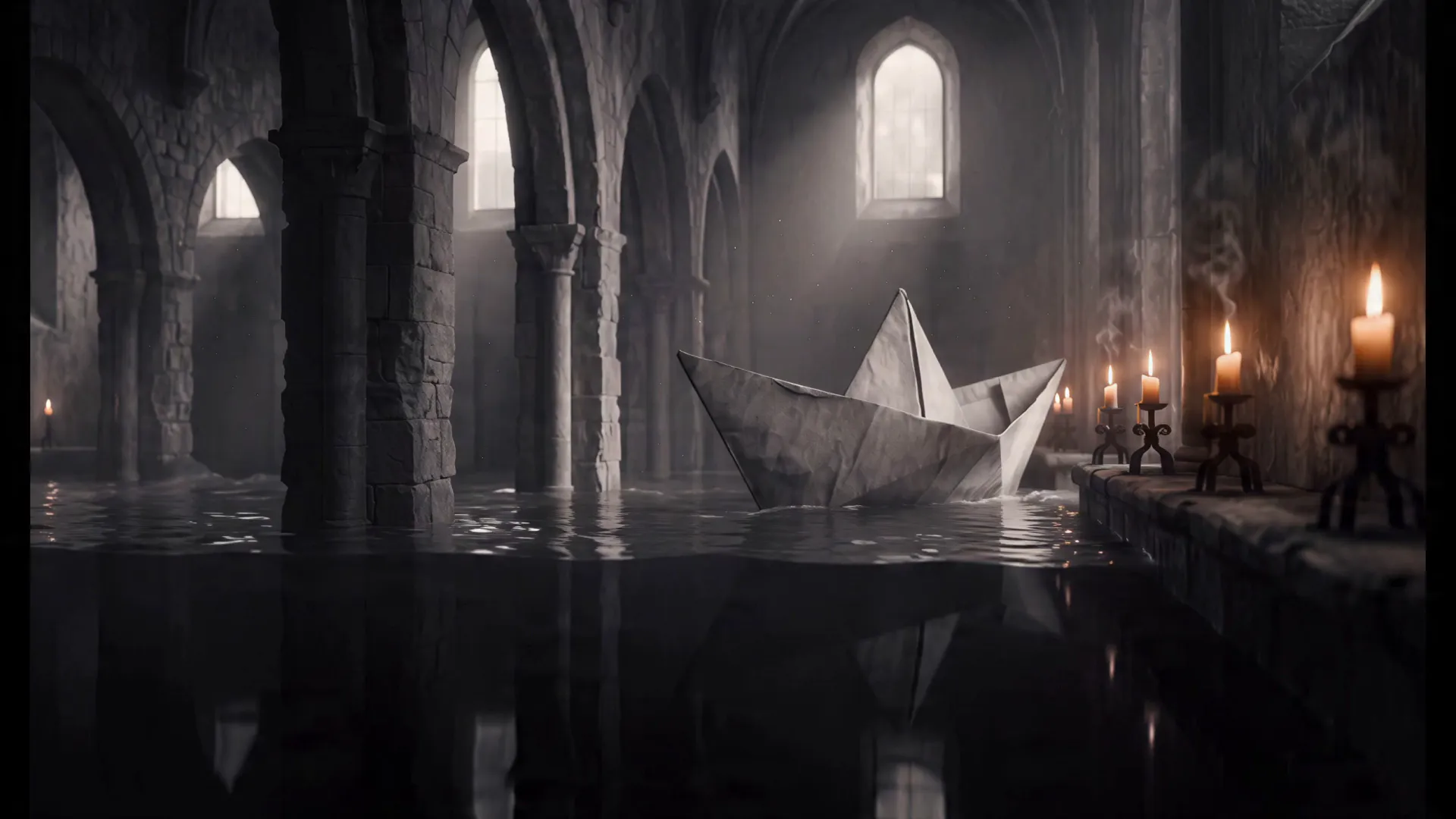MiniMax H3 2K: a paper boat sails through a flooded cathedral